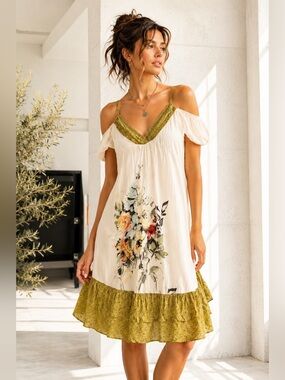 NWT Bai Amour short sleeve dress. White Green Floral Lined Multi layer.  Medium